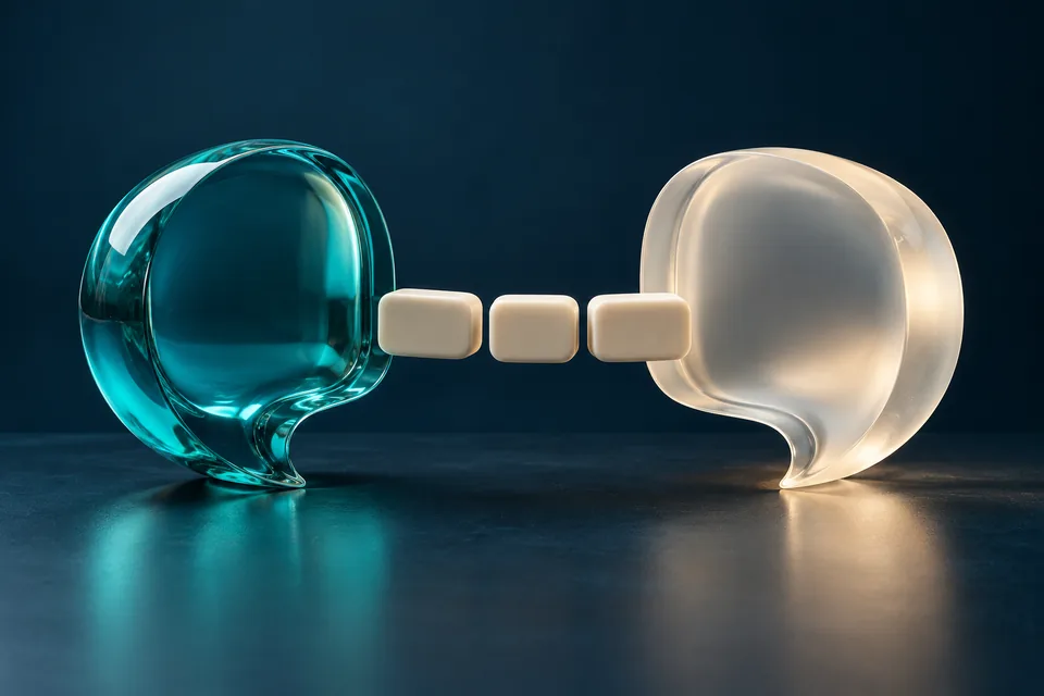 Two glass conversation forms connected by message tiles.